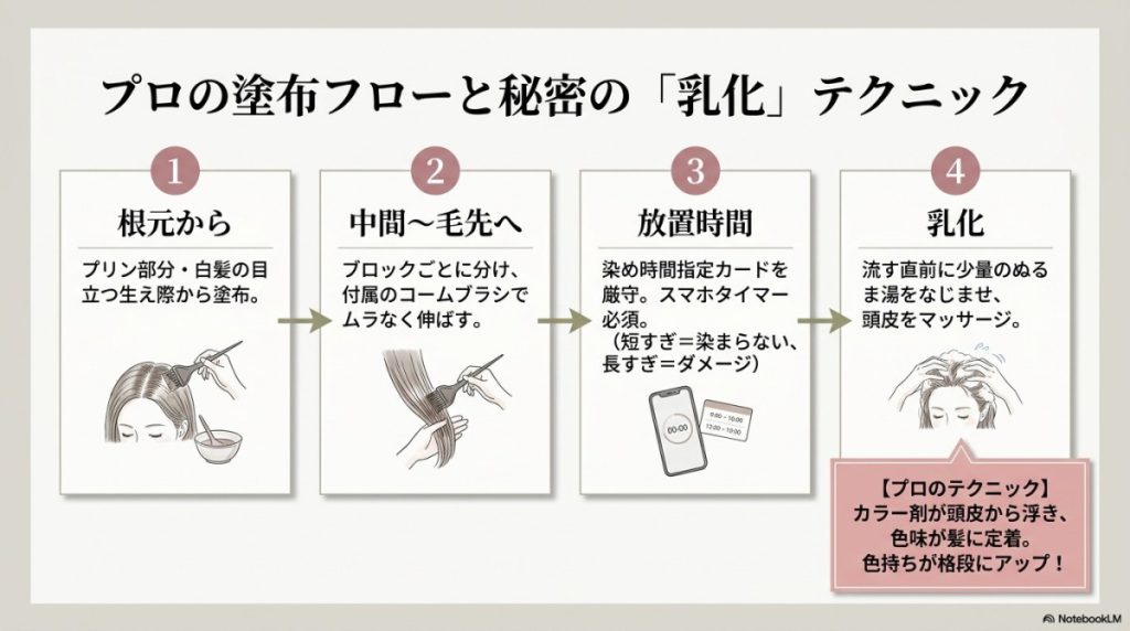 塗布の順番(根元から毛先へ)とプロ仕様アイテムの活用