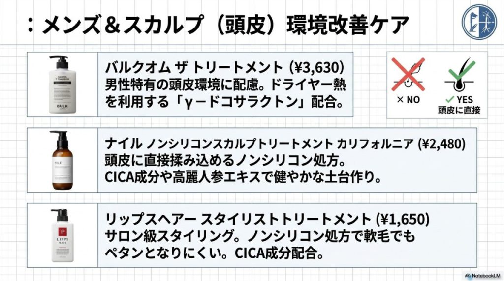頭皮環境・スカルプケア重視(メンズ向け)おすすめトリートメント成分コスパ最強TOP3 図解イラスト
