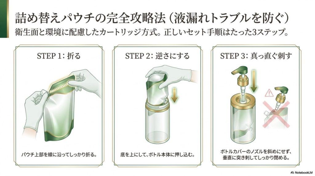 詰め替えパウチのセット失敗で液漏れ?専用ボトルの完全攻略法