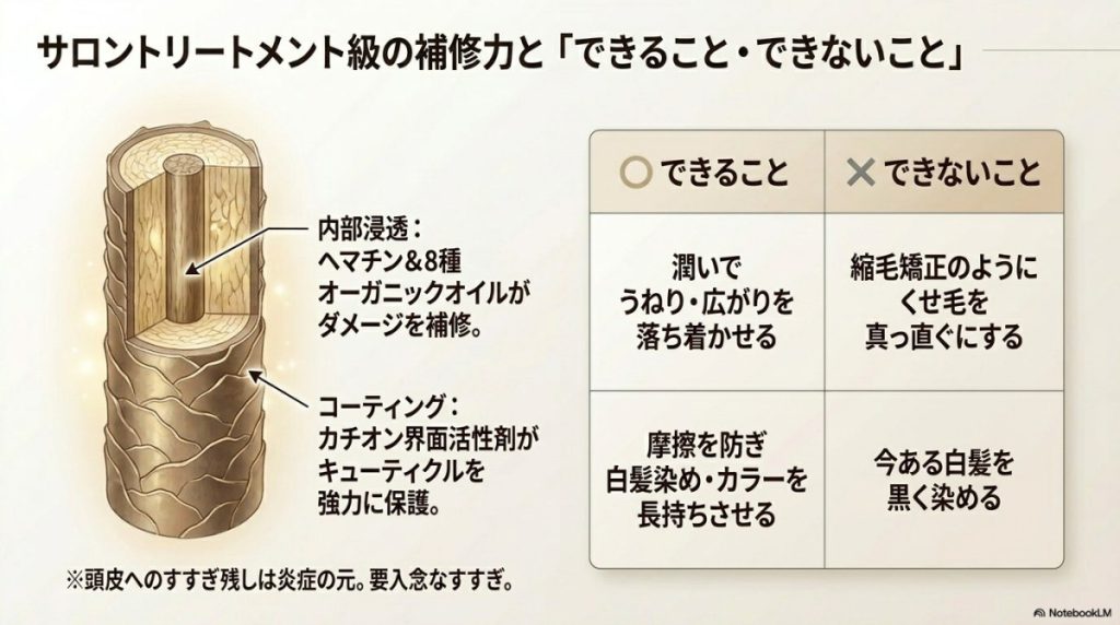 トリートメント級の補修力とカチオン界面活性剤