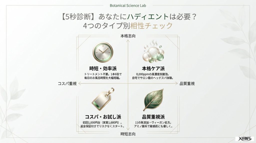 【5秒で診断】あなたにハディエント炭酸シャンプーは必要?4つのタイプ別相性チェック