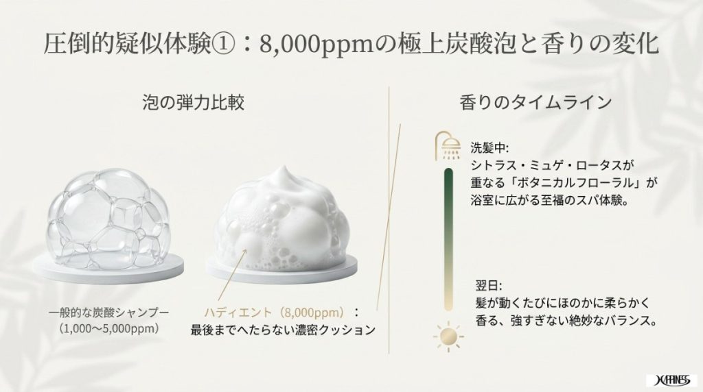 泡の弾力:8,000ppmのもこもこ炭酸泡は最後まで本当にへたらないか?