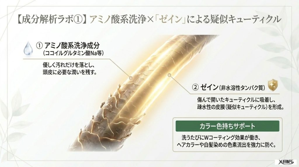 アミノ酸系洗浄成分と「ゼイン」による疑似キューティクル形成とカラーの色持ちサポート